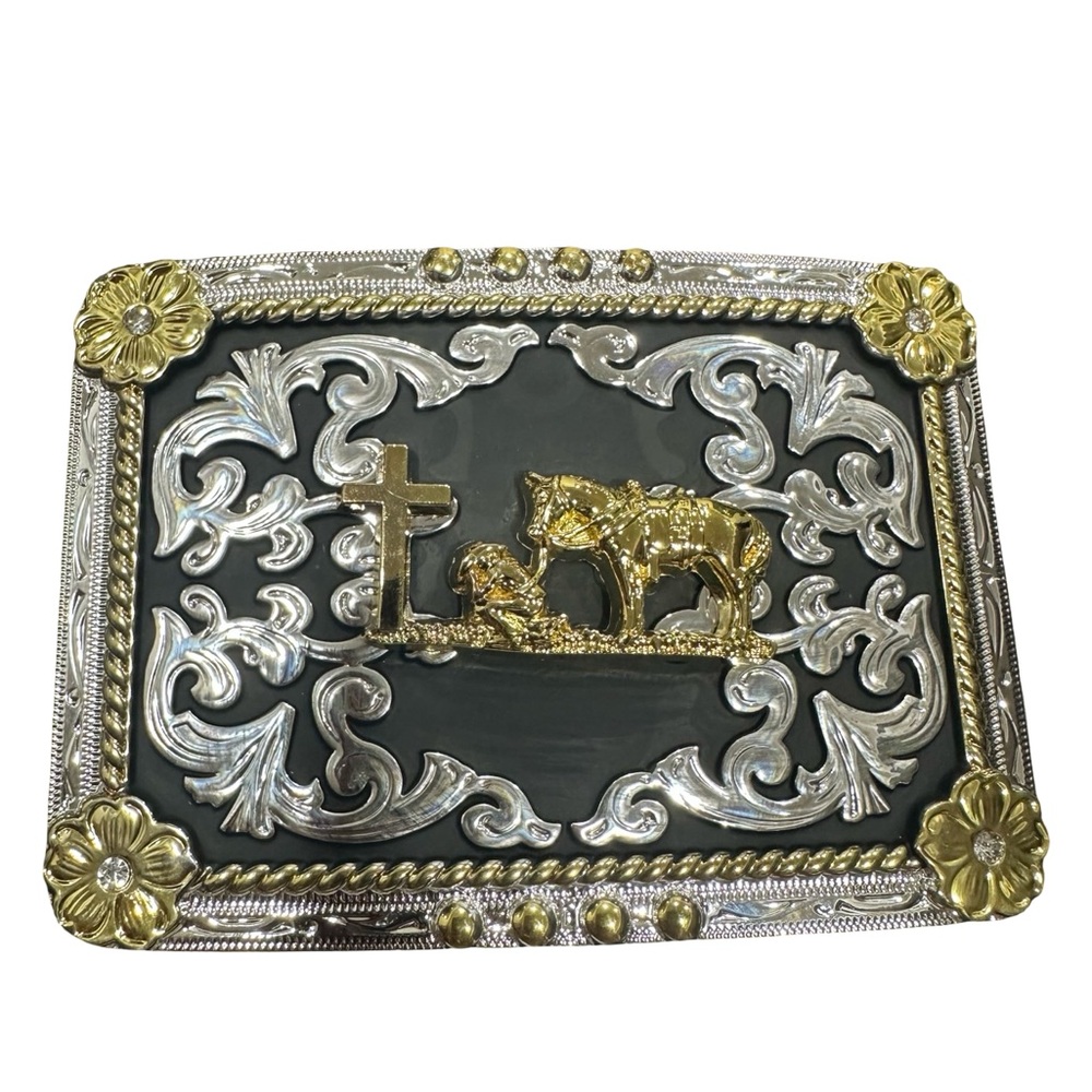 Silver and Gold Western Belt Buckle praying Cowboy